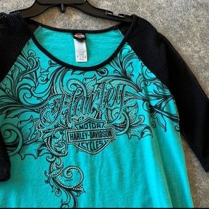 Womans Harley shirt with studs and fishnet sleeves